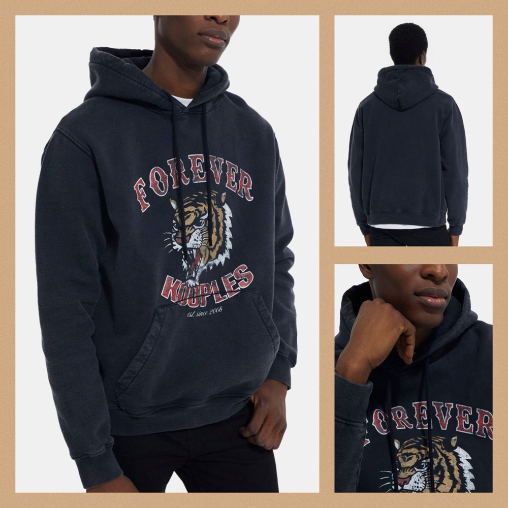 The Kooples NWT Men’s Heavyweight Cotton Stretch Tiger Logo Print Hoodie Black